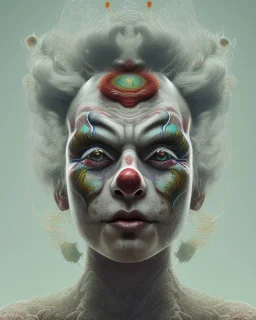 head and shoulders portrait of a clown, face paint, jester hat, sad expression, Takato Yamamoto artist, Akiya Kageichi artist, Jedediah Berry inspired, 8k resolution concept art portrait, dynamic lighting, hyperdetailed, intricately detailed, maximalist, beautiful, peaceful