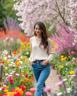 create a video , in a pretty nature of conuntry side a big mas of ramdom pretty flowers fall down and a beautiful lady in modern clothing comes out and walks with cute in the flowers garden