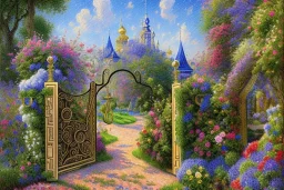 intricate ornate gate, garden, path, flowers, fine detail, high quality, Post-Impressionism,