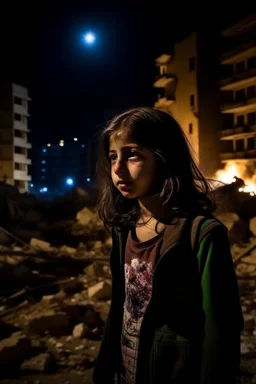 Palestinian girl , Destroyed Buildings , with a Explosions, at night