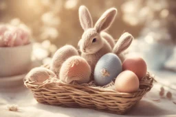 photorealistic image, browned, faded, last century style photograph with knitted and embroidered rabbits, painted Easter eggs in basket, flowers, in sunlight, edges of image appear burnt, ethereal, cinematic postprocessing, bokeh, dof