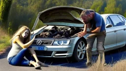 man and crying lady inside broken down jetta on side of the road