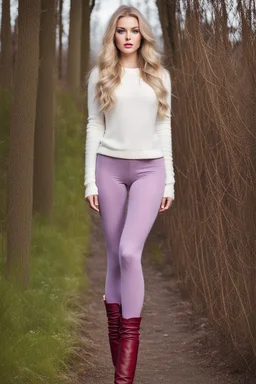 beautiful 18 year old girl with ash blonde hair and blue eyes with her curvy hair down, wearing a long-sleeved woollen top, and lilac long leggings, with long red boots full body shot