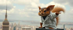 crazy fluffy Christian Slater gremlin maniac scientist in lab coat squirrel flying coat standing in tower watching city on water
