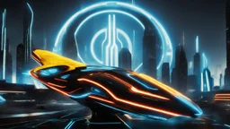 tron legacy movie, creatures,, space ships, city of the future, yellow, blue, red