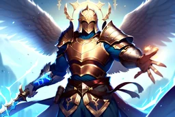 Portrait of male Paladin with angel wings in heavily decorated Armor and Helmet wielding magic weapon