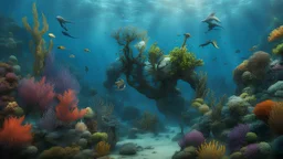 hyperrealistic 4k, seas from the movie aquaman, a lot of plants, and creature, sea animal, underwater