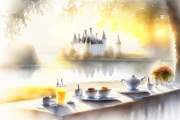 Brunch breakfast on an elegant table in the garden in the background, Castle on the Loire, lake, reflection, sunrise, Misty morning smooth intricate high definition beautiful lighting pencil sketch watercolor polished warm light