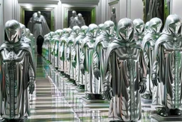 Hyperrealistisch dutzende Nonnen völlig verhüllt von hermetischen silber glänzendem Ganzkörper-Zentai mit geschlossenem undurchsichtig verspiegeltem Visier in identischen silberfarbenen, geschlossenen Helmen marschieren in Reih und Glied einen weiß gekachelten Gang entlang