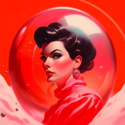 Retro futuristic, pink and orange, jane russell in a bubble