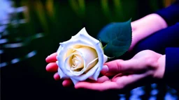 a young woman's and man's hand together holds a bunch of white rose , in the blur background a lake, some green trees, ultra detailed, sharp focus, perfect anatomy, perfect hands with fingers, perfect photo