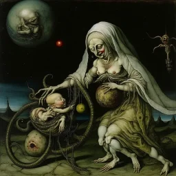 Visual Necromancy, zombie Madonna cradling an anthropomorphic worm baby on the moon, horror art conceived by Hieronymus Bosch, middle-ages surrealist painting, putrescence essence