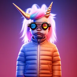 Unicorn toddler, smile, steampunk headphone, sunglass, gangsta neckless, full body, orange puffer jacket, tokio background, dramatic lighting, hyper realistic, unreal engine 5, 16k