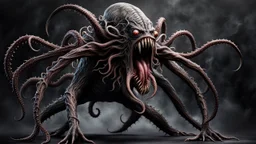 from the back a sad fantasy monster with many tentacles, sad pose, scary creature without face and without eyes, with big mouth, full length, full body without legs, very detailed, intricate insanely, Hyperrealism, photorealistic, natural volumetric light, dark fantasy style, photo style