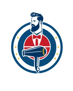 A round logo for a men's grooming salon with a groom vector at the top of the logo and a hair dryer vector logo at the bottom in a blue, red, white, and gold color theme.