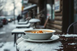 an old white plate of steaming soup on table in outside, hig realistic, high contrast, sharp focus, gloomy mood, winter, blur background, street, perfect shot, perfect composition