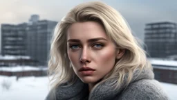 beautiful sad blonde woman, ninth floor, winter, photorealism, 3d, 64k, high resolution, hyperrealism, f/16, 1/300 s.