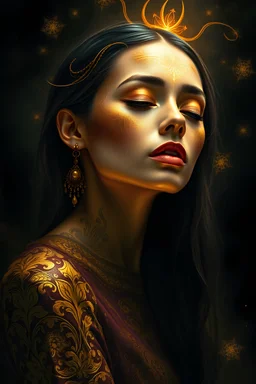 acrylic oil A breathtaking digital portrait of a woman, exquisitely adorned in gold paint, her dress covered in intricate patterns and designs. Her eyes are softly closed and her face radiates a serene expression. random pose She is surrounded by a radiant aura, adding an ethereal look to the scene. The dark black background highlights her golden figure, creating a striking contrast. The work embodies elegance and mystery