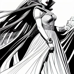 hyper detailed, black and white, thick line, coloring book illustration, lineart, stunningly beautiful woman in gipsy clothes, alex raymond style