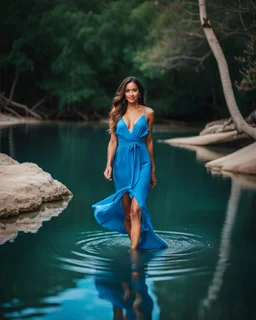 beautiful girl in pretty blue dress walking in water toward camera in trees next to wavy river with clear water and nice sands in floor.camera capture from her full body front