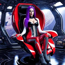 White woman with long purple hair, a good, athletic body, nice legs, and a large bust, dressed in a red latex suit and white boots, sitting in an alien-like technological chair, with a destroyed spaceship in the background.