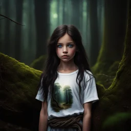 12 year old girl with dark tangled hair and blue eyes wearing a ripped and dirty white teeshirt, in a forest , photorealistic, dark fantasy