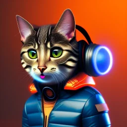 Cat toddler, smile, cyberpunk headphone, sunglass, gangsta neckless, full body, orange puffer jacket, tokio background, dramatic lighting, hyper realistic, unreal engine 5, 16k