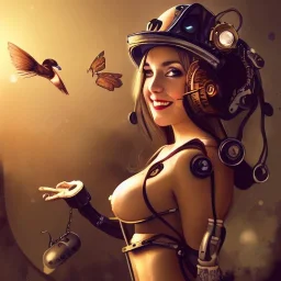 great illustrator, spanish, realistic rendering of a cute girl, beautiful, steampunk syle, aquarello. Helmet with tubes. smiling. Machinery in the background. robotic bird flying. High details. 4k. unreal engine