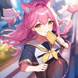 Clear focus,High resolution,High quality, Smiling, Pink long fluffy hair, Pink cat ears, Yellow eyes, Wearing a pink sailor uniform, running with toast in her mouth