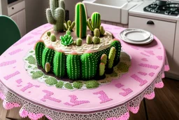 cacti birthday cake on lace tablecloth in a modern kitchen in sunshine