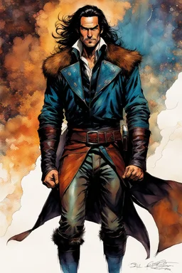 Create a fine art print , illustration of an epic otherworldly fantasy Lankhmar thief character with shoulder length hair, finely lined and detailed facial features, in an fur collared leather jerkin and breeches , a short oriental cloth belt at the waist, stealthy soft leather slippers, , in the comic book style of Bill Sienkiewicz, Howard Chaykin, Mike Mignola, Philippe Druillet, and Jean Giraud Moebius, precisely drawn, colored and inked