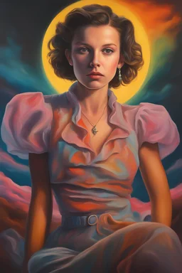 in the dead of night the bright moon shines down on a giant, extremely colorful Millie Bobby Brown facial portrait, acrylic on canvas, in the art style of Boris Vallejo,