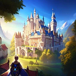 Clear focus, 8k, high quality, detailed, beautiful lighting, quiet European mountain village fantasy, Castle, Houses, Three,
