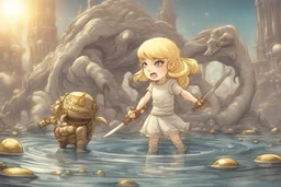 cute blonde chibi princess fighting with an ugly giant monster with a golden laser sabre, golden coin stacks, pond, in sunshine, H.R. Giger, anime, steampunk, surreal, watercolor and black in outlines, golden glitter, ethereal, cinematic postprocessing, bokeh, dof