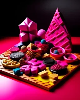 A magenta sweet utopia made out of cookies and cakes designed in Japanese origami painted by Victor Vasarely