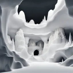 Imaginary Landscape of a caves in multiple layers underground all white