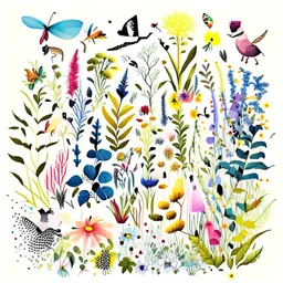 Illustrate a vibrant garden blooming with diverse flora and fauna, representing creativity and inclusivity. Show different species of plants and animals coexisting harmoniously, symbolizing the value of diversity and inclusion in fostering creativity. realistic, white background, detailed