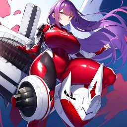 White woman with long purple hair, a good, athletic body, nice legs, and a large bust, dressed in a red latex mini suit and white boots, stay in an alien-like technological ship, with a destroyed spaceship in the background.