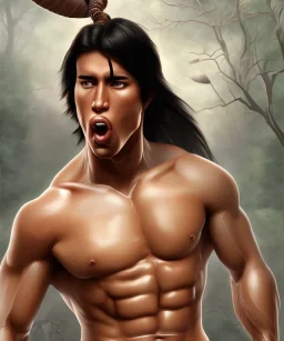 native american warrior, long black hair, big muscles, looking up, mouth wide open, scream face, shirtless