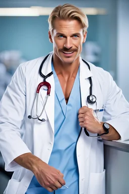 Mid-thirties, Caucasian male doctor, kind smile, blonde hair (slightly disheveled) thick blonde mustache, pale blue eyes, broad shoulders, muscular, six foot, Hawaiian shirt under white lab coat with bloodstains at the edges. Strong Jaw line, photo realistic