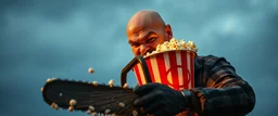 pop corn bucket that looks like a chain saw wielded by serious angry bald law man