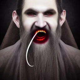 Vampire with yellow eyes with fleshy tentacle beard grey skin and vampire fangs and vampire bat nose as a Russian Orthodox