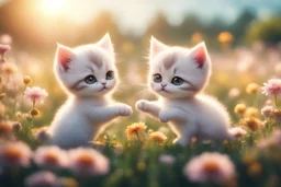 cute chibi kittens fighting on a flowerfield in sunshine, ethereal, cinematic postprocessing, dof, bokeh Weight:1 detailed matte painting Weight:0.9