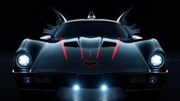 batmobile concept inspired from a 2025 ford mustang dark horse with a large elaborate spoiler and batman symbol style fins, batman symbol in grille, lower wind deflector. red stripes like 1960s adam west batmobile