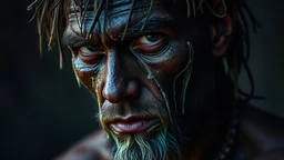 wild man with slime on face looking like tribal tattos, portrait, darkness