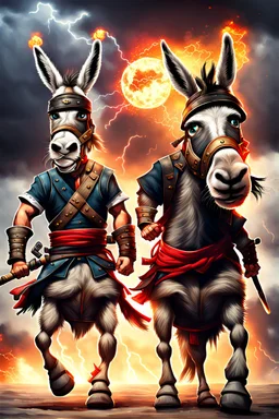 Realistic Donkey pirate warrior and donkey ninja warrior with thunderstorms in the background and fireballs falling from sky