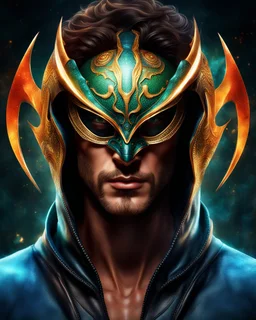 ultra realistic photo portrait of superhero man with stylized dragon mask over his eyes and forehead cosmic energy, colorful, painting burst, beautiful symmetrical face, nonchalant kind look, realistic round eyes, tone mapped, intricate, elegant, highly detailed, digital painting, artstation, concept art, smooth, sharp focus, illustration, dreamy magical atmosphere, full body