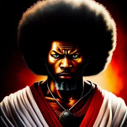 Ultra detailed fullbody Portrait in oil on canvas of AFRO SAMURAI ,intense stare,extremely detailed digital painting, extremely detailed face,crystal clear Big eyes, mystical colors ,perfectly centered image, perfect composition, rim light, beautiful lighting,masterpiece,8k, stunning scene, raytracing, anatomically correct, in the style of robert e howard and Ken Kelley and Ohrai Noriyoshi and Simon Bisley and tomzj1