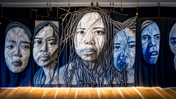 Using your 3 portrait as the centerpiece, create a large-scale fabric mural. Surround the portrait with a network of resilient and stretchy threads, symbolizing the challenges faced during addiction and the journey to recovery. Visitors can interact by gently tugging on the threads, emphasizing the importance of resilience in the healing process.