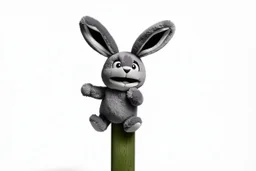 Scruffy fluffy grey puppet plush Bunny, holding with both hands onto a post while being blown by the wind, extending vertically, panicked. on white background